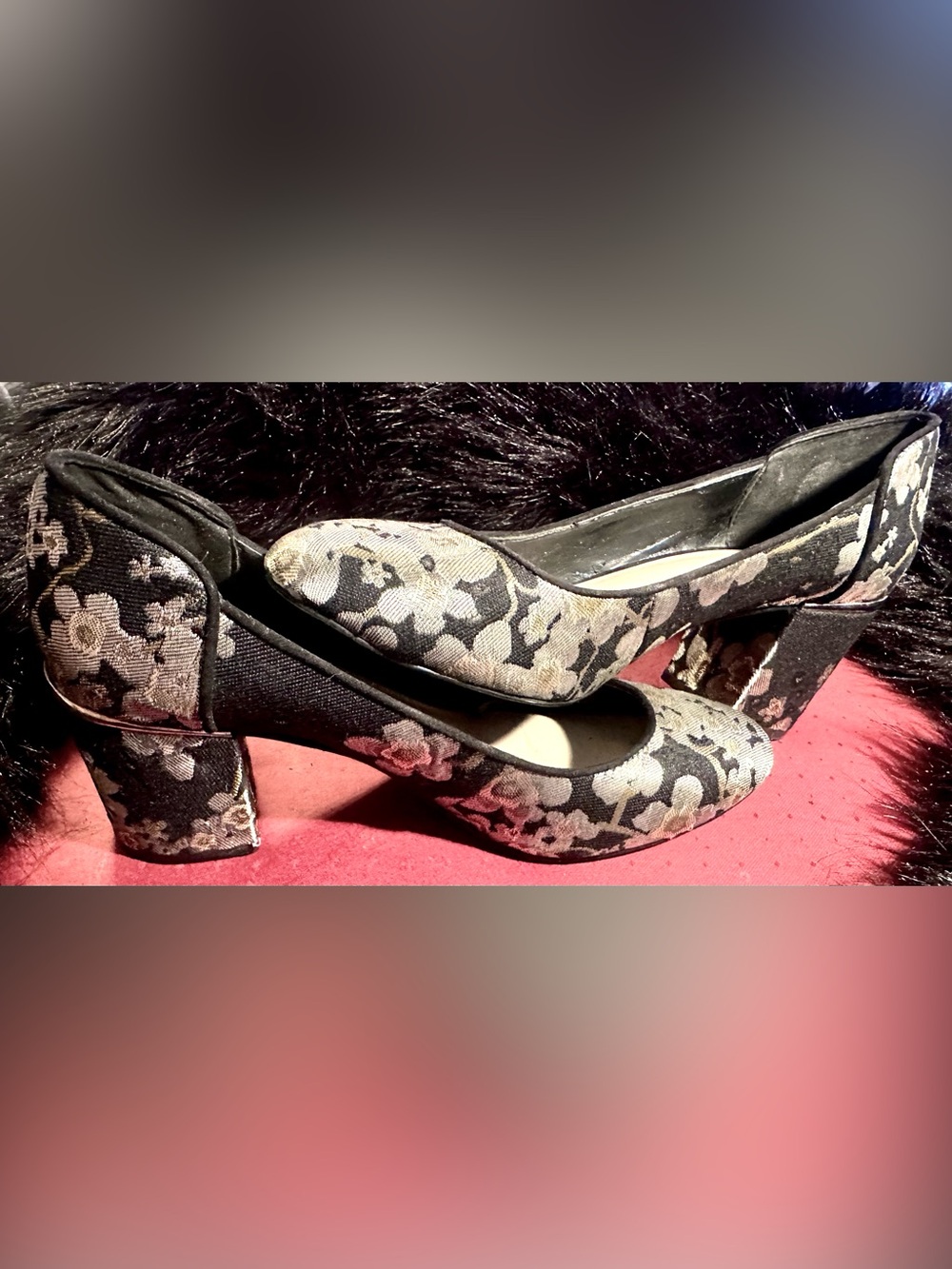 Nine West Black and Cream Floral Block Heel Pumps